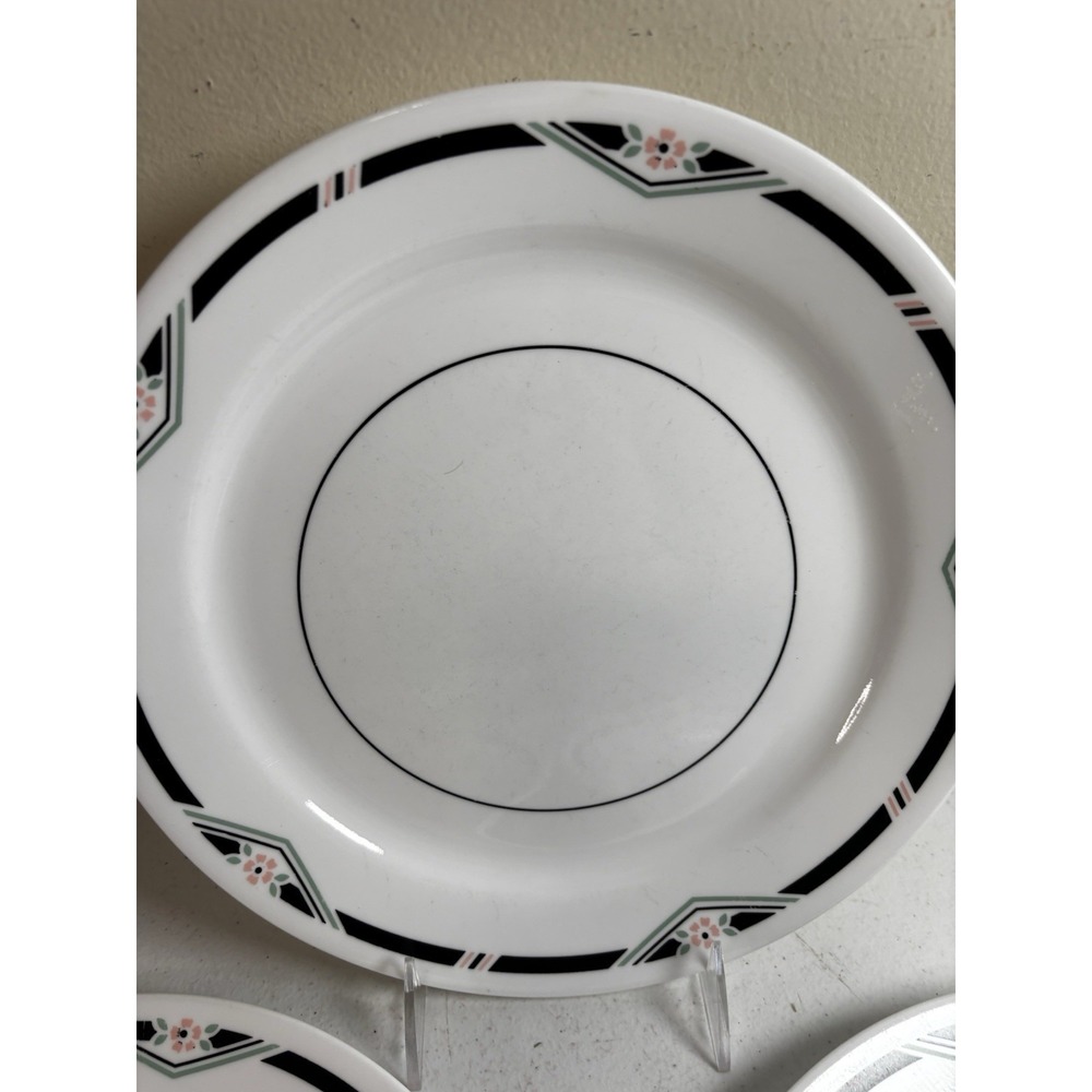 Corelle ZENITH Dinner Plates 10 1/4" White Black Trim Pink Flower Set of 4 - Picture 6 of 8